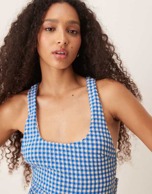ASOS DESIGN - Costume da bagno in seersucker blu a quadretti con scollo rotondo e fiocco oversize sul retro, 4 di 4