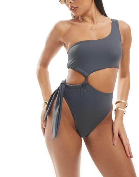 ASOS DESIGN - Costume da bagno monospalla con cut-out e laccetti grigio ardesia - view 1