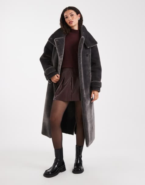 ASOS DESIGN cosy borg funnel neck longline coat in charocal - view 1