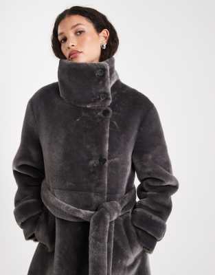 Asos Design Cosy Borg Funnel Neck Longline Coat In Gray
