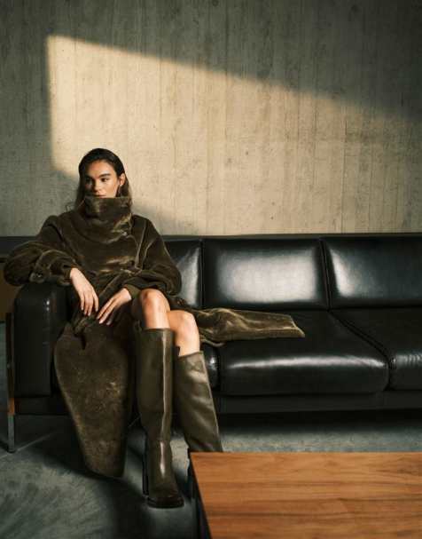 ASOS DESIGN cosy borg funnel neck longline coat in khaki - view 1
