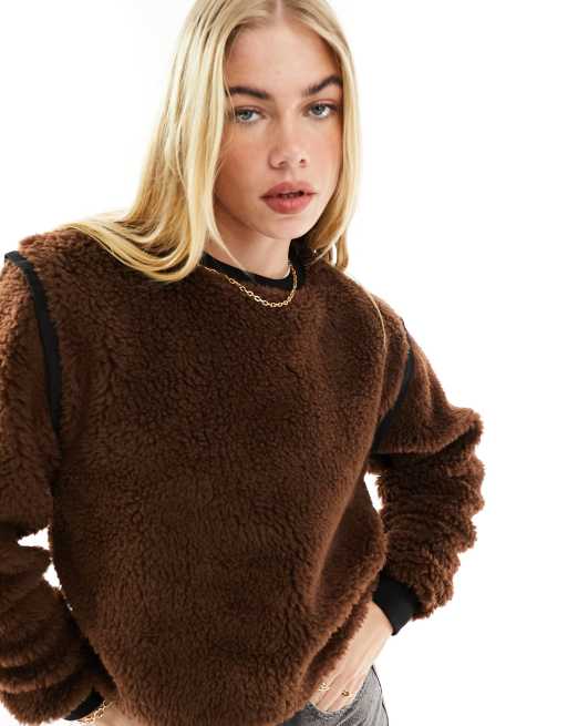 Asos Design Cosy Brushed Borg Sweatshirt In Chocolate Asos