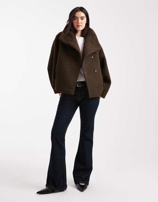 ASOS DESIGN cosy funnel neck oversized jacket in chocolate, 2 of 4