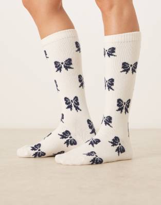 ASOS DESIGN cosy knee high super soft bow design socks in cream and navy-White
