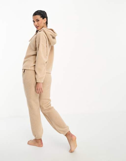 ASOS DESIGN cosy lounge borg hoodie & trackies set in camel, 2 of 4