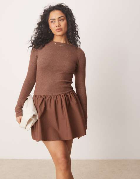 ASOS DESIGN cosy poplin mix mini dress in chocolate - view 1