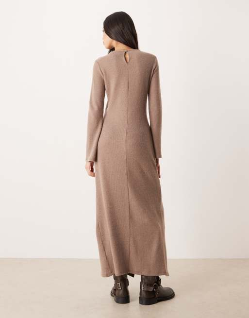 ASOS DESIGN cosy rib long sleeve twist detail midi in light brown, 2 of 4