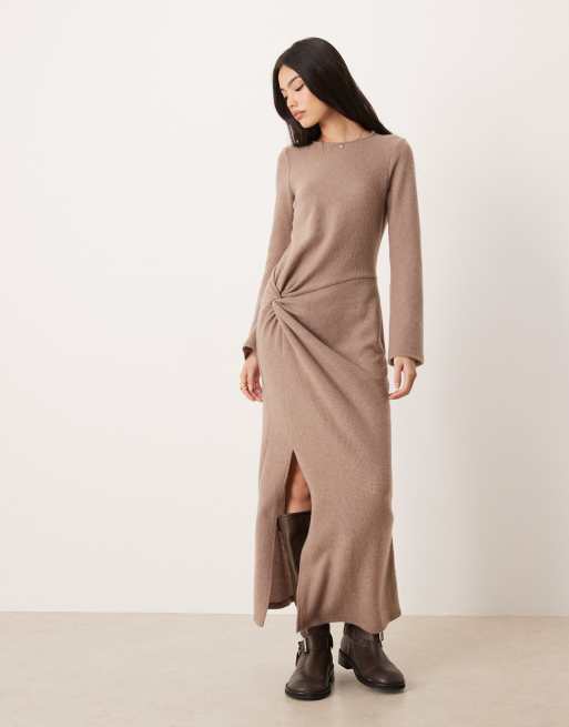 ASOS DESIGN cosy rib long sleeve twist detail midi in light brown, 3 of 4