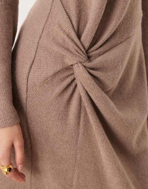 ASOS DESIGN cosy rib long sleeve twist detail midi in light brown, 4 of 4