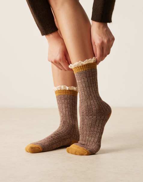 ASOS DESIGN cosy ribbed socks with crochet frill edge in yellow and brown - view 1