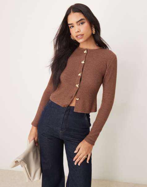 ASOS DESIGN cosy supersoft cardigan with gold button detail in brown - view 1