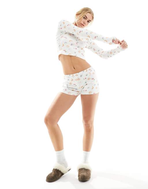 ASOS DESIGN cozy ditsy print thermal top and rib hot pants set in ivory