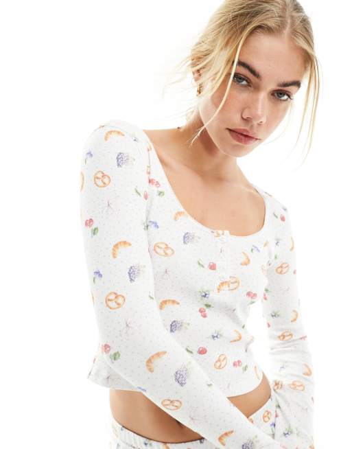 ASOS DESIGN cosy valentines ditsy print thermal top in ivory (part of a set)