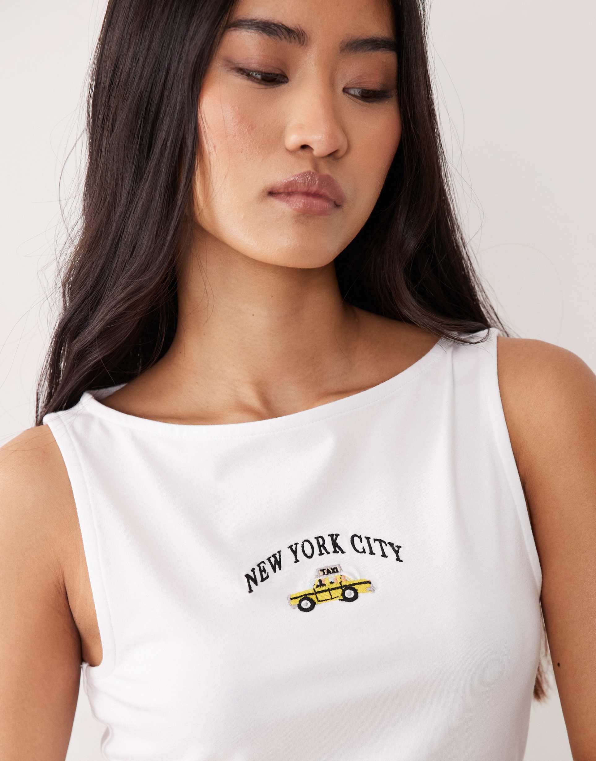 asos design cot spandex boat neck tank with new york taxi embroidery in white