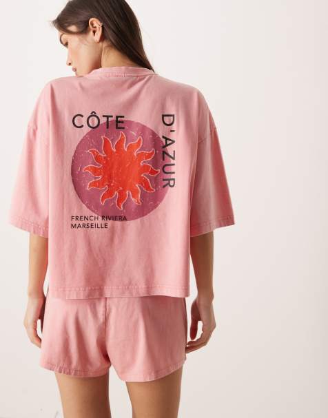 ASOS DESIGN Cote D'azur acid wash graphic pyjama set in pink - view 1