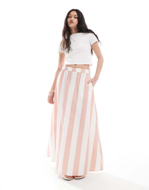 ASOS DESIGN cotton a line maxi skirt in pink stripes - part of a set - view 1