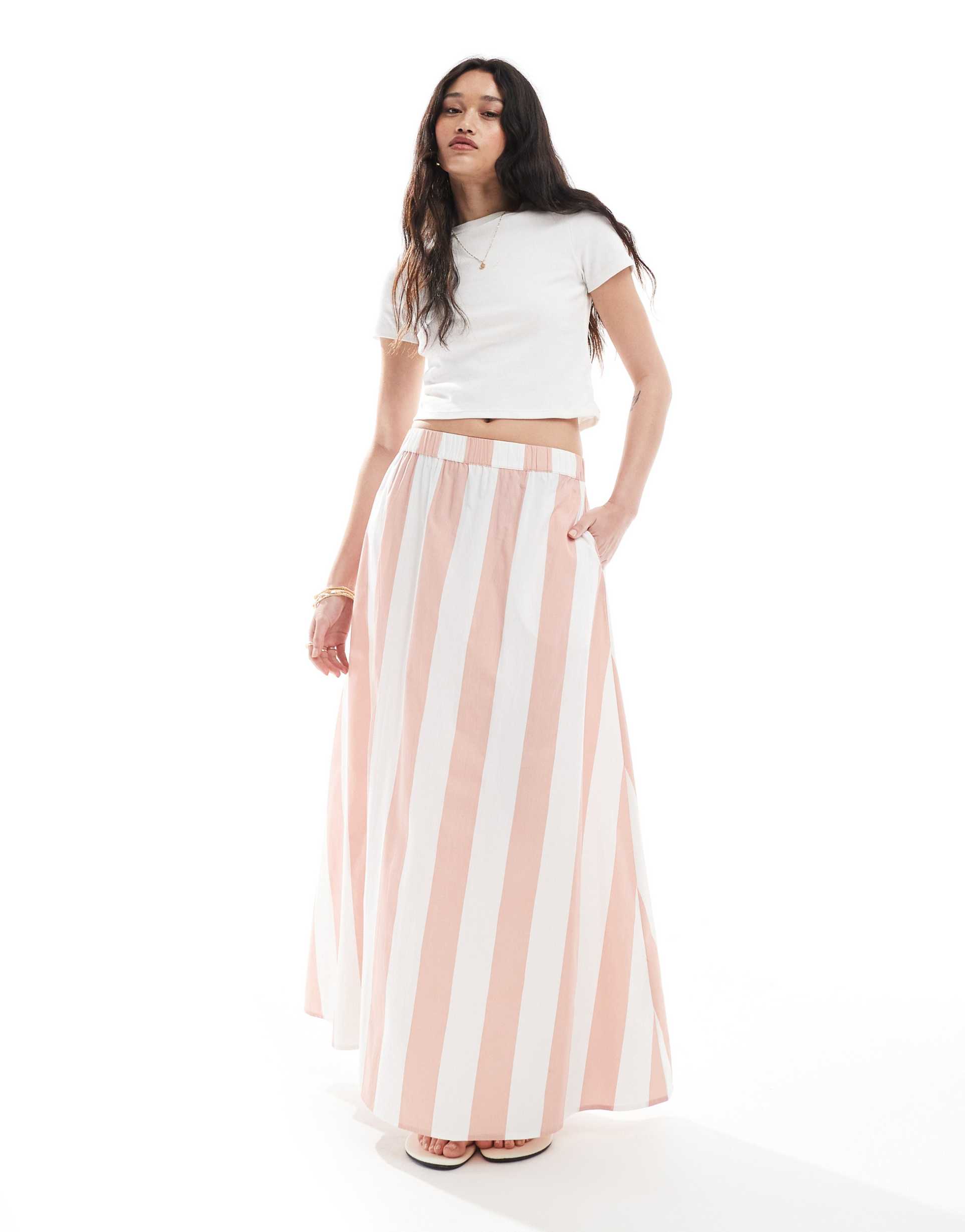 asos design cotton a line maxi skirt in pink stripes - part of a set