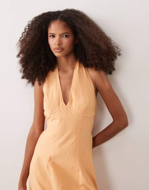 ASOS DESIGN cotton and linen halter neck midi sundress with sculpted bust in orange spritz - view 1