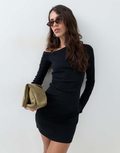 ASOS DESIGN cotton asym rib mini dress in black - view 1