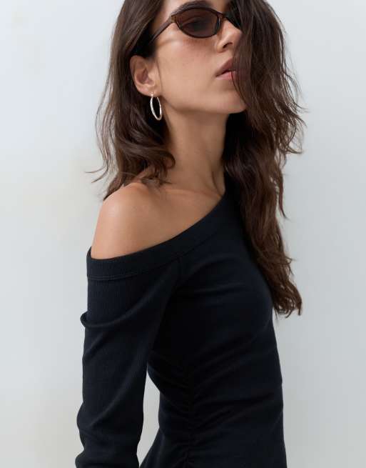 ASOS DESIGN cotton asym rib mini dress in black, 2 of 5
