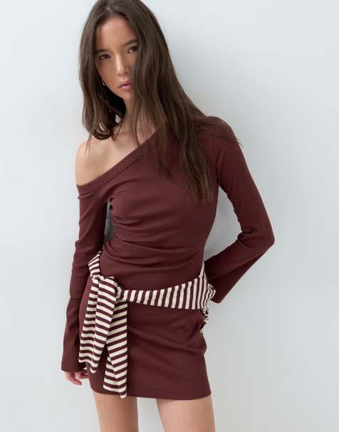ASOS DESIGN cotton asym rib mini dress in chocolate - view 1