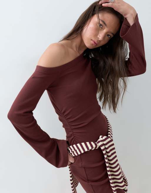 ASOS DESIGN cotton asym rib mini dress in chocolate, 3 of 5