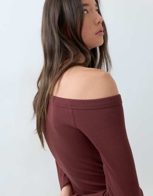 ASOS DESIGN cotton asym rib mini dress in chocolate, 4 of 5