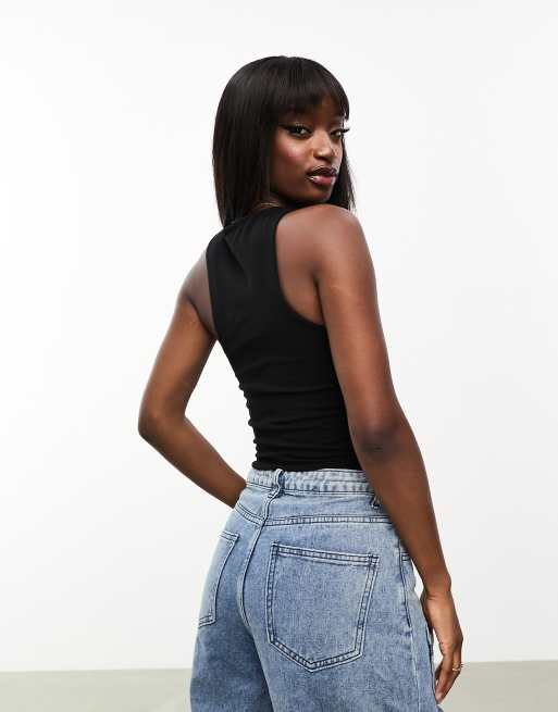 ASOS DESIGN cotton asymmetric racer neck crop top in black, 4 of 4