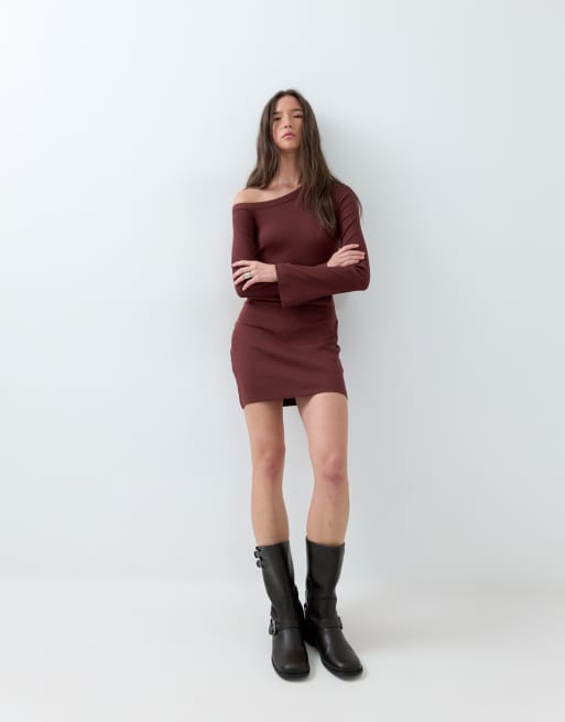 ASOS DESIGN cotton asymmetric rib mini dress in chocolate, 2 of 5