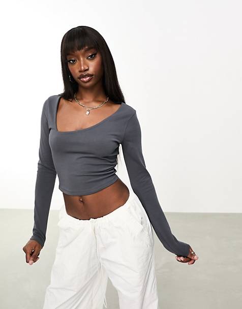 ASOS DESIGN cotton asymmetric scooped neck long sleeved crop top in charcoal
