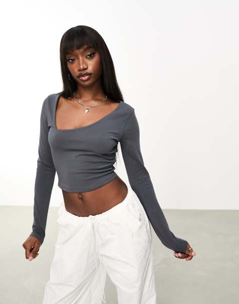 Light Grey Rib Exposed Seam Long Sleeved Crop Top