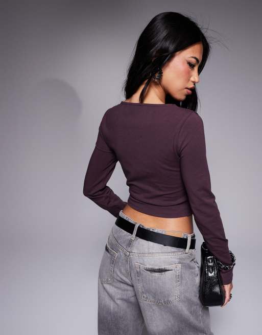 ASOS DESIGN cotton asymmetric scooped neck long sleeved crop top in plum, 3 of 4