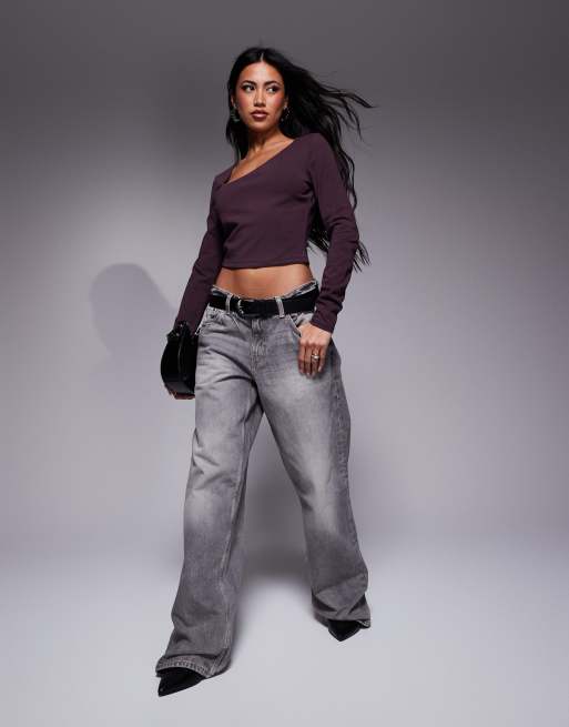 ASOS DESIGN cotton asymmetric scooped neck long sleeved crop top in plum, 4 of 4