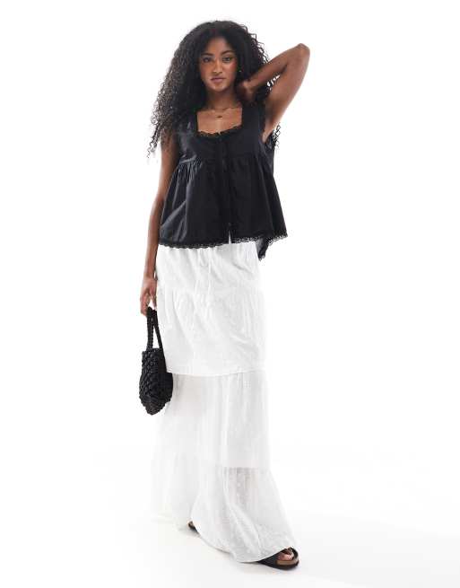ASOS DESIGN cotton babydoll lace trim cami top in black