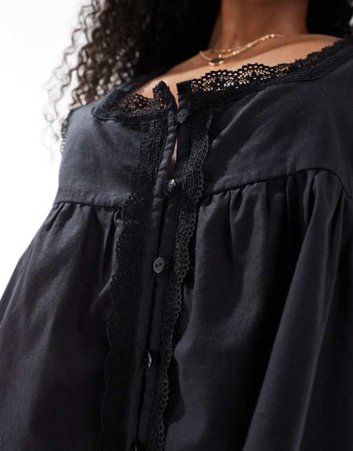 ASOS DESIGN cotton babydoll lace trim cami top in black
