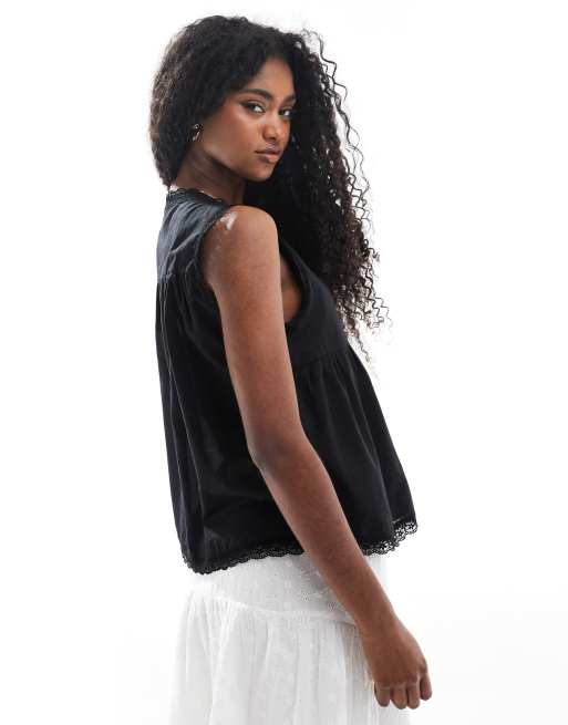 ASOS DESIGN cotton babydoll lace trim cami top in black