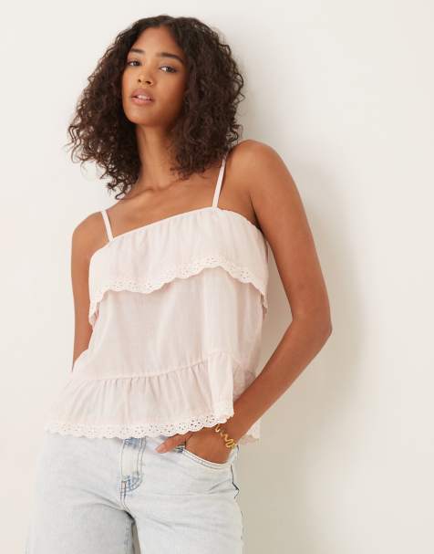 ASOS DESIGN cotton babydoll lace trim cami top in pink - view 1