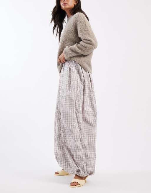 ASOS DESIGN cotton balloon pants in brown check