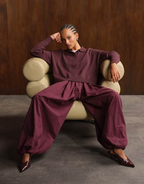 ASOS DESIGN cotton balloon pants in plum - view 1