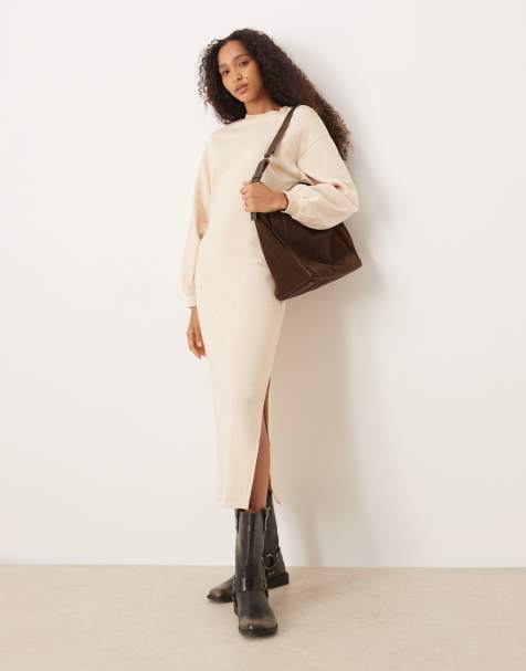 ASOS DESIGN cotton balloon sleeve midi sweat dress in cream - view 1
