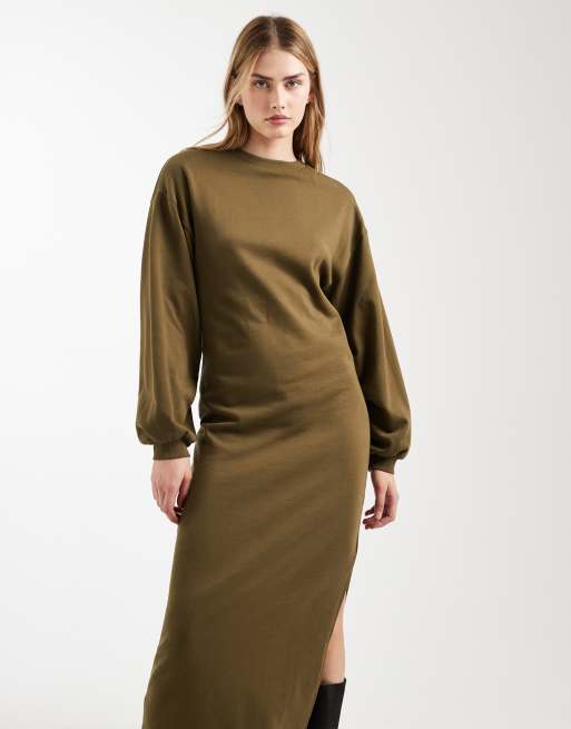 ASOS DESIGN cotton balloon sleeve midi sweat dress in khaki, 3 of 4