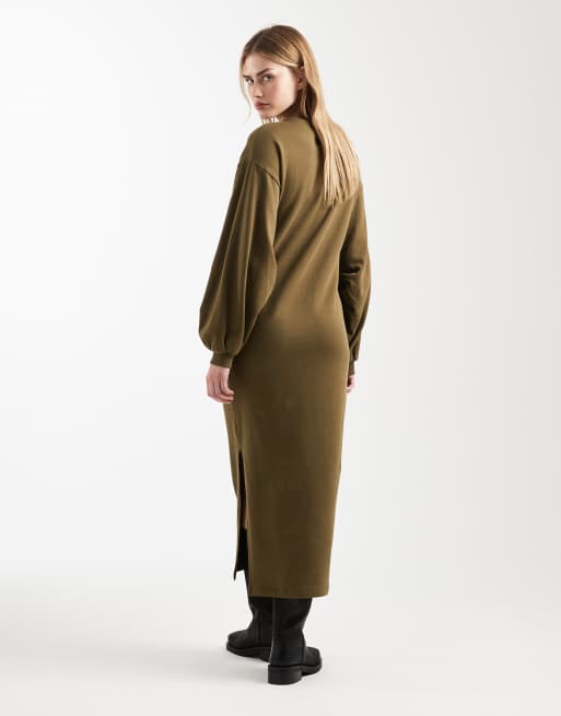 ASOS DESIGN cotton balloon sleeve midi sweat dress in khaki, 4 of 4