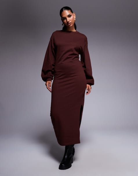 ASOS DESIGN cotton balloon sleeve midi sweatshirt dress in chocolate - view 1