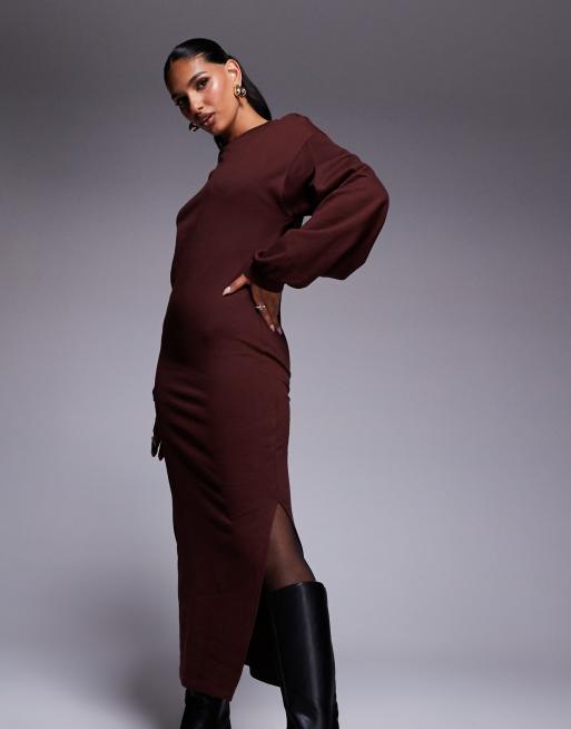 ASOS DESIGN cotton balloon sleeve midi sweatshirt dress in chocolate