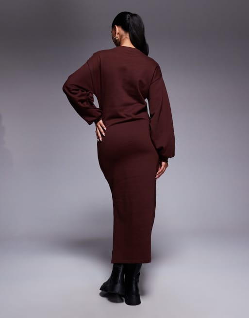 ASOS DESIGN cotton balloon sleeve midi sweatshirt dress in chocolate