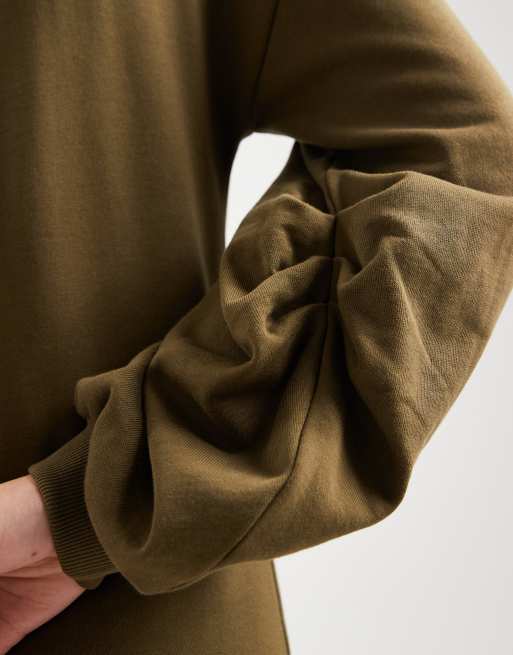 ASOS DESIGN cotton balloon sleeve midi sweatshirt dress in khaki green