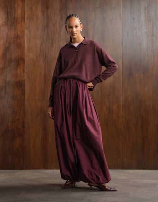 ASOS DESIGN cotton balloon trouser in plum, 4 of 5