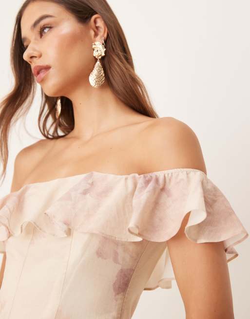 ASOS DESIGN cotton bardot seam detail mini dress in floral