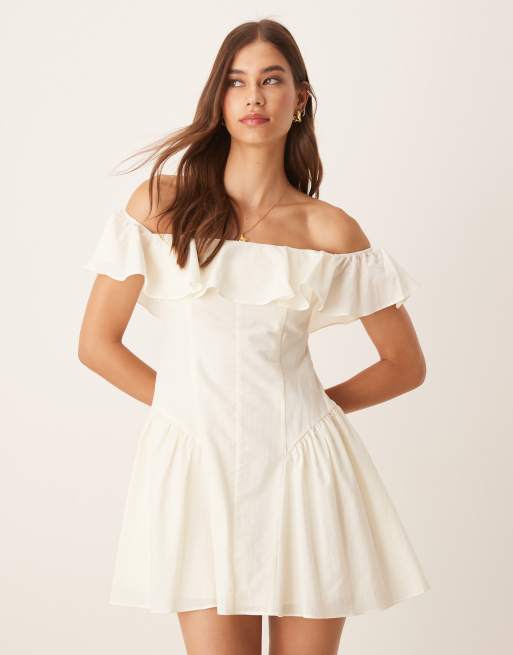 ASOS DESIGN cotton bardot seam detail mini dress in ivory, 2 of 4