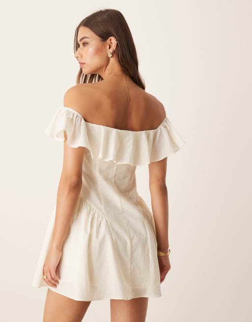 ASOS DESIGN cotton bardot seam detail mini dress in ivory, 4 of 4